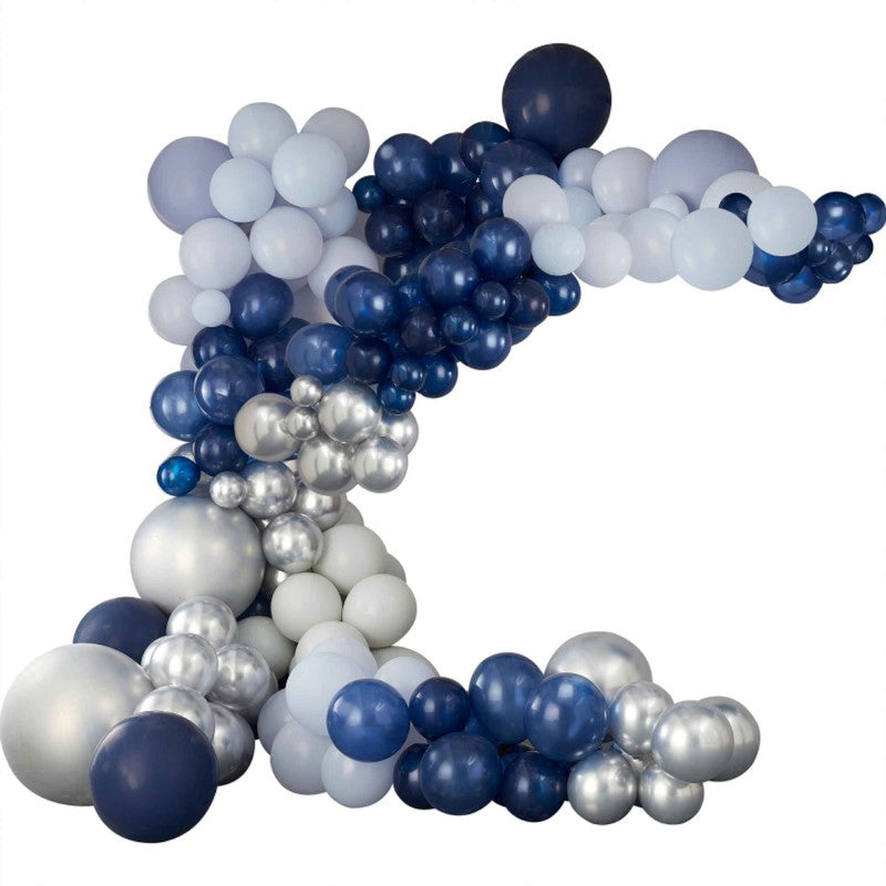 Luxe silver, navy, and blue balloon arch kit featuring 200 latex balloons for elegant event decorations.