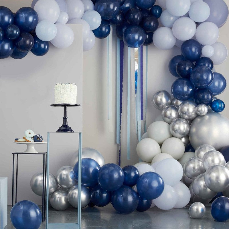 Luxe silver, navy, and blue balloon arch kit with 200 latex balloons for stunning event decor and easy assembly.