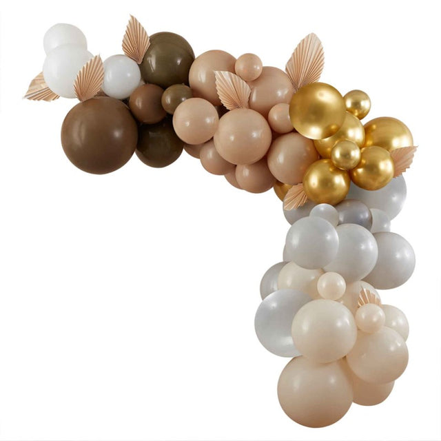 Taupe, brown, and nude balloon arch kit with 75 balloons and decorative fans for stylish celebrations and memorable photo spots.