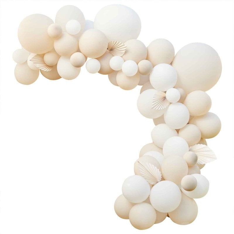 Nude and white balloon arch kit with 80 balloons and 5 cream paper fans, ideal for elegant celebrations and backdrops.