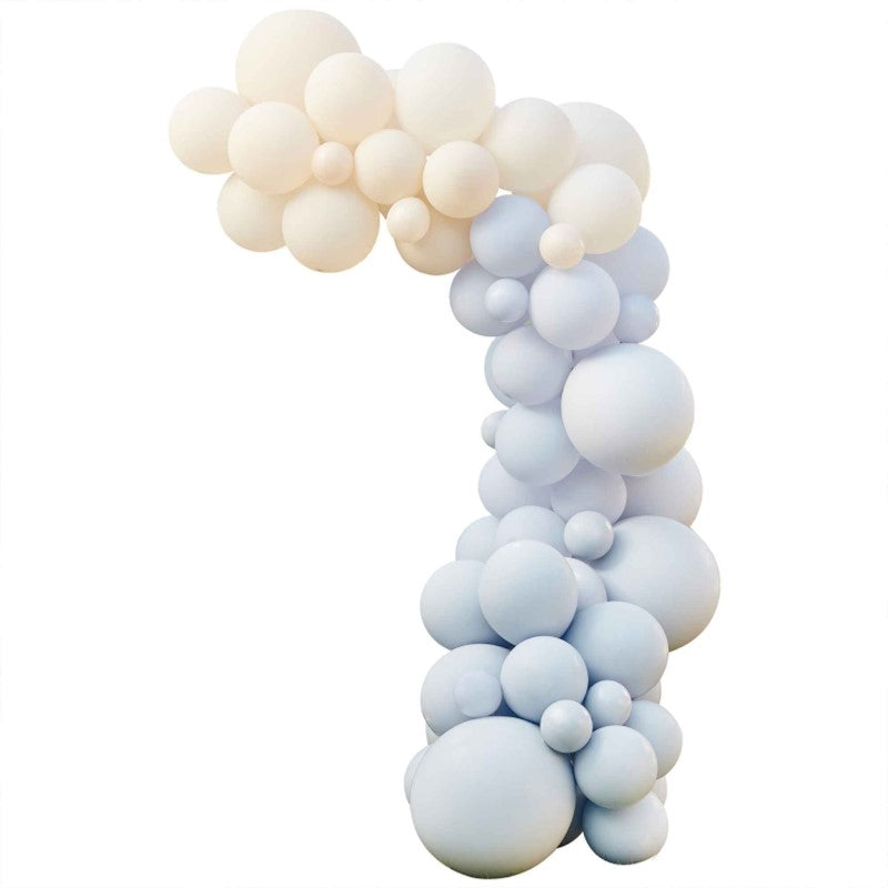 Balloon arch kit featuring 75 blue and taupe balloons, ideal for elegant party decorations and easy assembly.