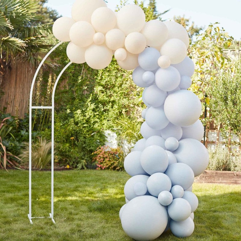 Blue and nude balloon arch kit with 75 latex balloons, perfect for elegant party decor at birthdays, weddings, and baby showers.