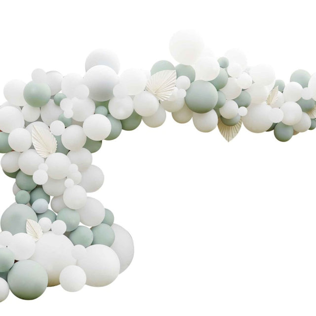 Luxe sage and white balloon arch kit with 200 balloons and fans for elegant event decor and memorable photo backdrops.