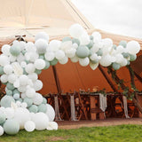 Luxe Sage & White Balloon Arch kit featuring 200 balloons and paper fans, perfect for elegant celebrations and DIY events.