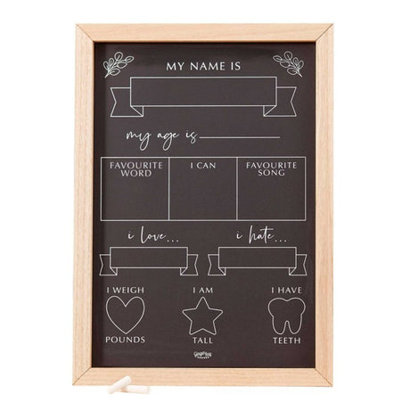 Botanical Baby Milestone Tracker Chalkboard, 30cm W x 42cm H, perfect for recording baby milestones with included chalk.