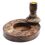 Buddha Backflow Burner crafted from mango wood with brass inlay, creating cascading smoke for a tranquil ambiance.