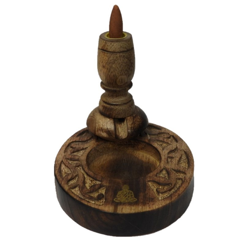 Buddha Backflow Burner in mango wood, featuring a brass Buddha inlay, creating serene cascading smoke for relaxation.