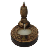 Handcrafted Buddha Backflow Burner in mango wood with brass inlay, creating cascading smoke for a tranquil ambiance.