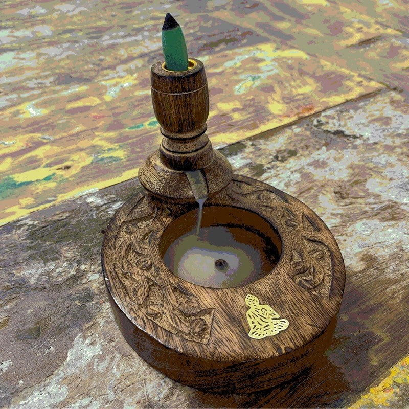 Handcrafted Buddha Backflow Burner in mango wood with antique finish and cascading smoke for a serene relaxation experience.