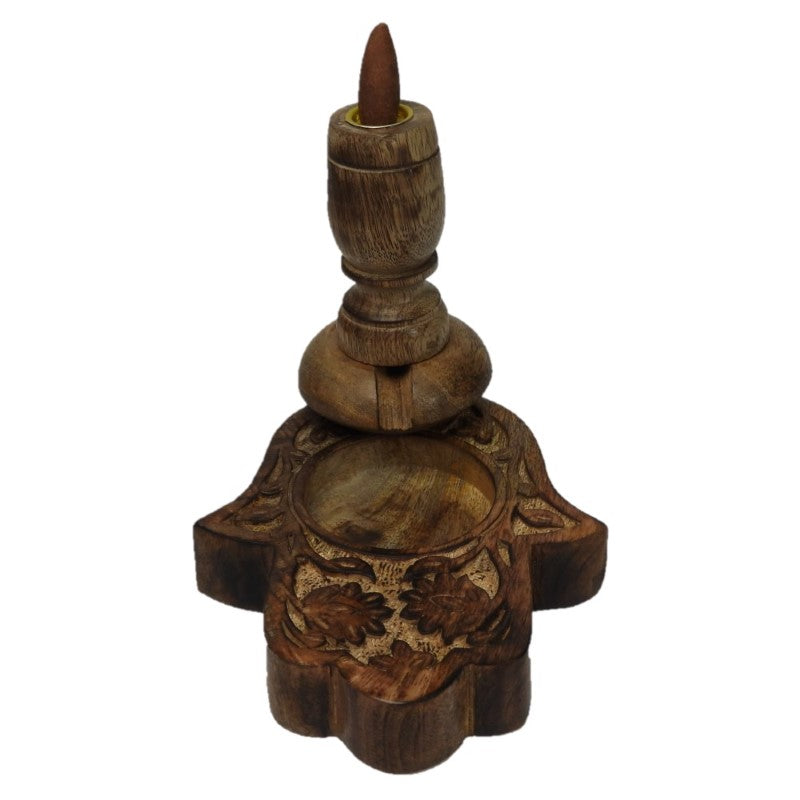 Hand-carved Hamsa Backflow Burner in mango wood with antique finish, creating soothing smoke waves for tranquility.