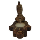 Hand-carved Hamsa backflow burner in mango wood with antique finish, promoting relaxation and tranquil ambiance.