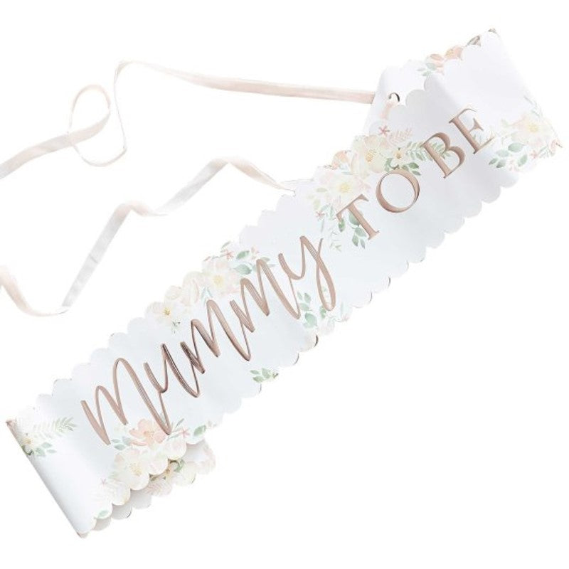 Floral rose gold "Mummy To Be" sash, 11cm x 76cm, perfect for stylish baby shower celebrations.