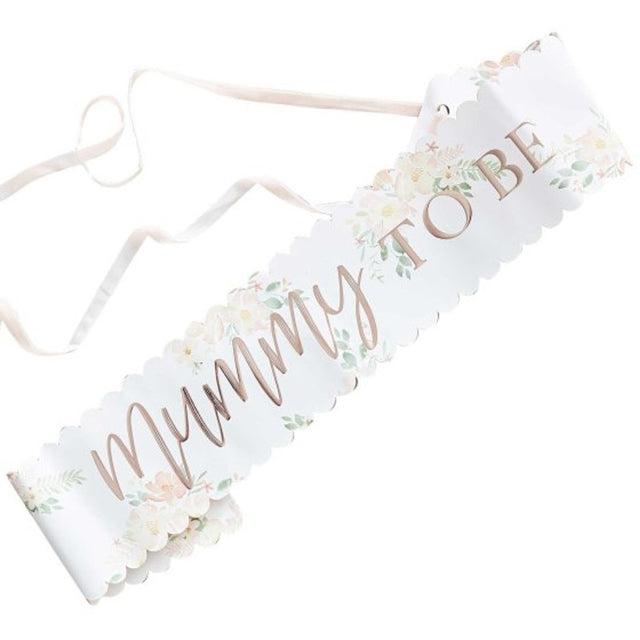 Floral rose gold "Mummy To Be" sash, 11cm x 76cm, perfect for stylish baby shower celebrations.