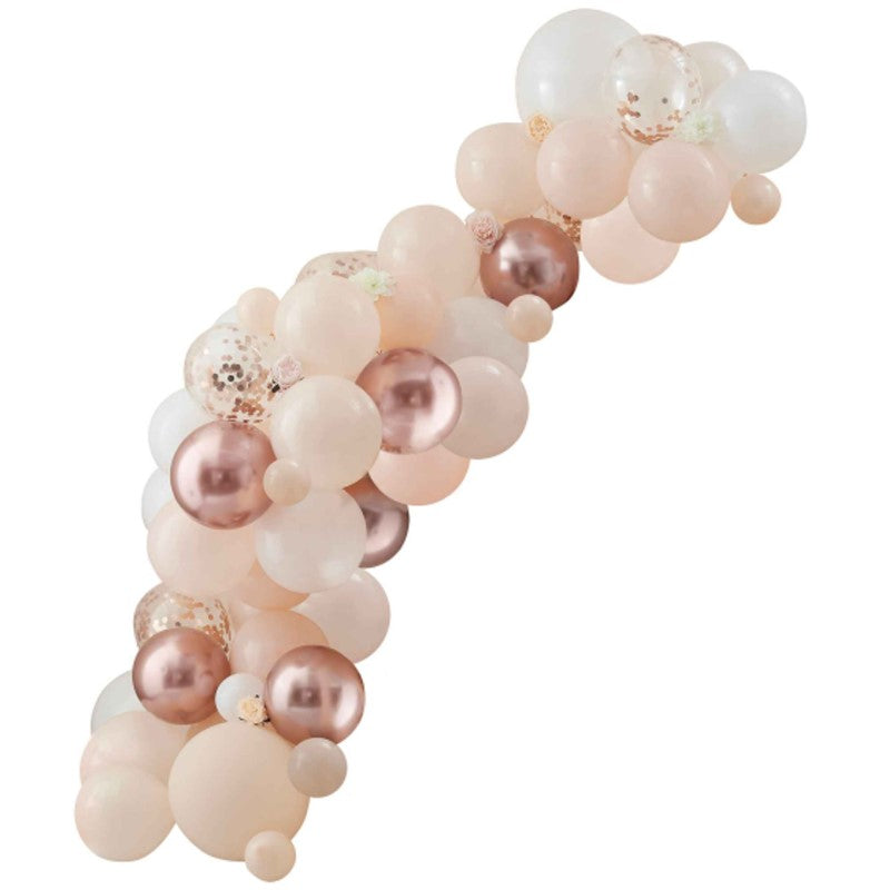 Peach, white, and rose gold balloon arch kit with 70 balloons, flowers, tape, and glue dots for stunning event decor.