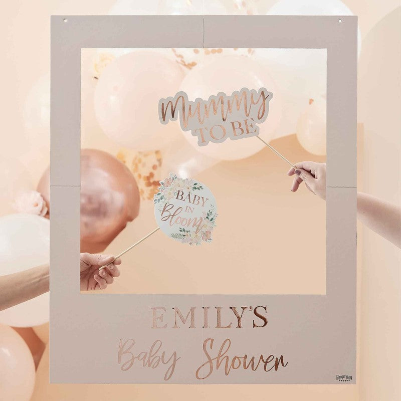 Customizable floral foiled Baby In Bloom photobooth frame for baby showers, perfect for capturing lasting memories.