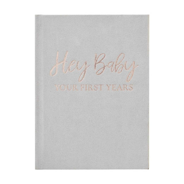 Elegant grey suede Baby In Bloom Journal with rose gold foiling for documenting baby's first year memories and milestones.