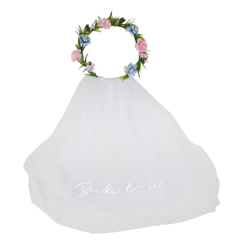 Boho bride-to-be veil with floral crown, perfect for hens parties and bridal celebrations, adding elegance and whimsy.