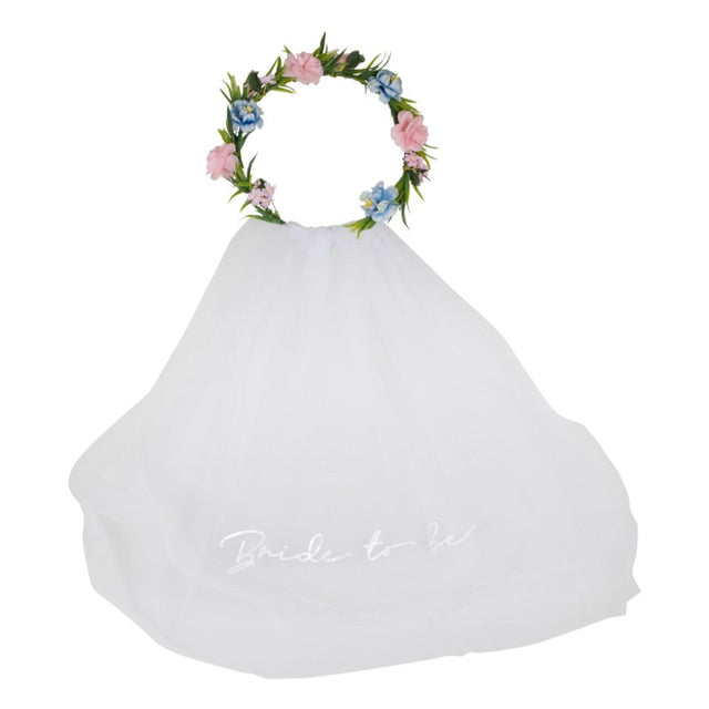 Boho bride-to-be veil with floral crown, perfect for hens parties and bridal celebrations, adding elegance and whimsy.