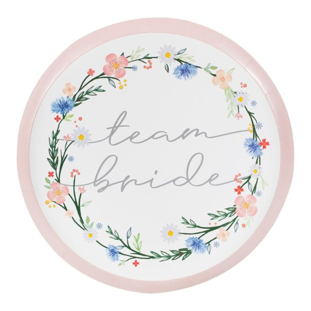 Boho Bride 25cm paper plates featuring elegant floral design, perfect for hens parties or bridal showers, pack of 8.