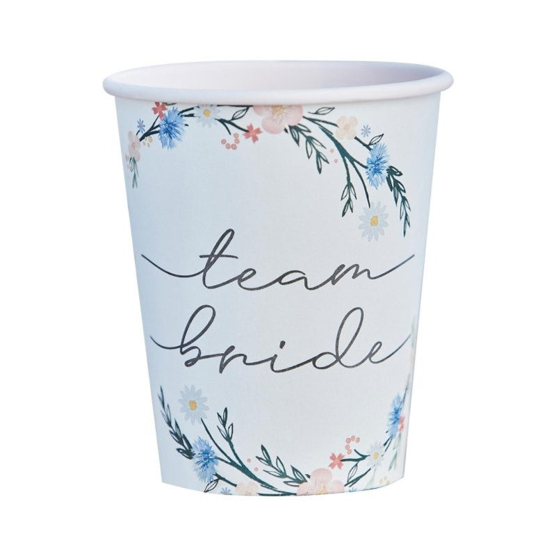 Boho Bride paper cups featuring elegant floral design, perfect for hen parties and bridal showers, pack of 8.