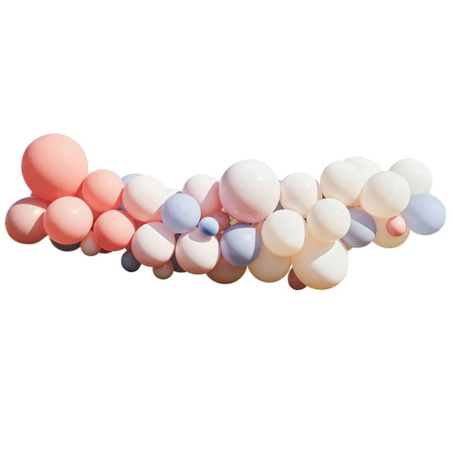 Blush, nude, and blue balloon arch kit with 60 vibrant latex balloons for a stylish hens party backdrop.