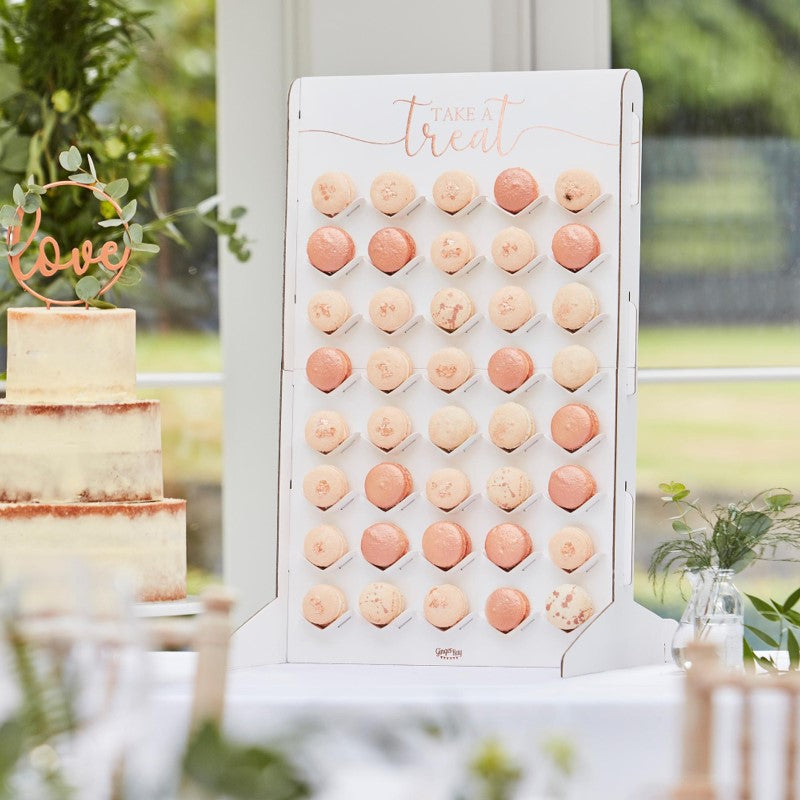 Botanical macaron stand for weddings, 78cm tall, showcases 40 macarons with an elegant design for sweet tables.