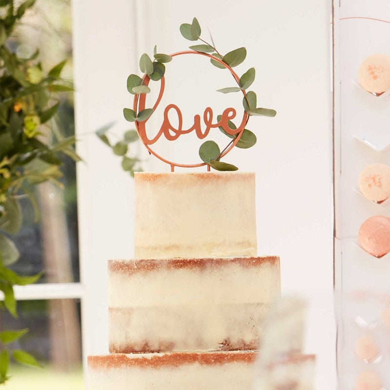 Botanical Wedding Cake Topper Metal Hoop With Wooden Script Writing 12.5 cm W x 18.5cm H
