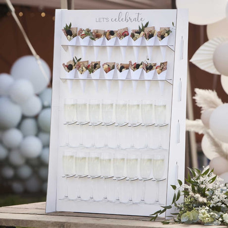 Botanical Wedding Grazing Stand showcasing appetizers and drinks, 95cm H x 64cm W, perfect for elegant events.