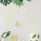 Elegant gold 'Bridal Shower' bunting with botanical designs, perfect for hen parties and bridal celebrations, measuring 2m.