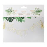 Elegant gold 'Almost Mrs' bunting with tassels, perfect for hen parties and bridal celebrations, crafted from durable foiled cardboard.