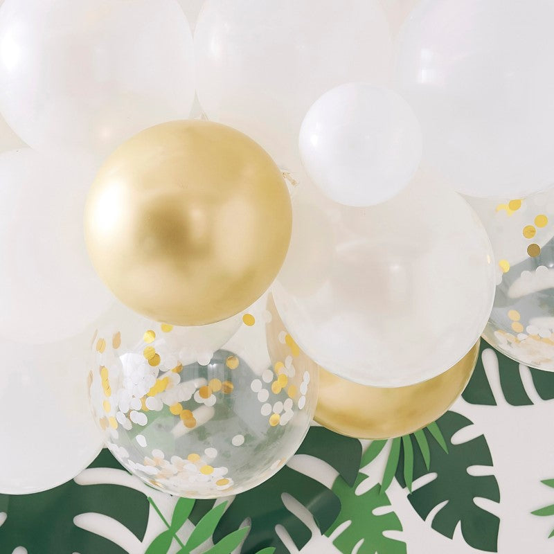 Botanical hen party balloon arch kit featuring 55 latex balloons in gold, white, pearl, and confetti designs for elegant decor.