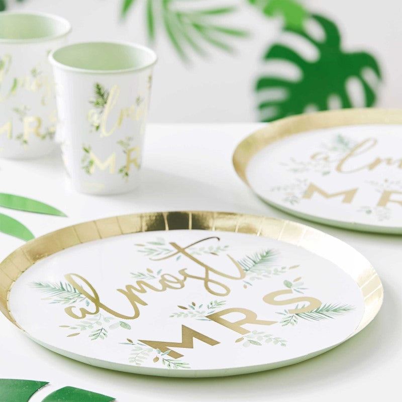 Gold foiled 'Almost Mrs' paper plates in a botanical design, perfect for elegant hen parties, pack of 8, 25cm each.