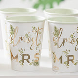 Botanical paper cups featuring gold foil 'Almost Mrs' for elegant hen parties, pack of 8, perfect for celebrating brides-to-be.