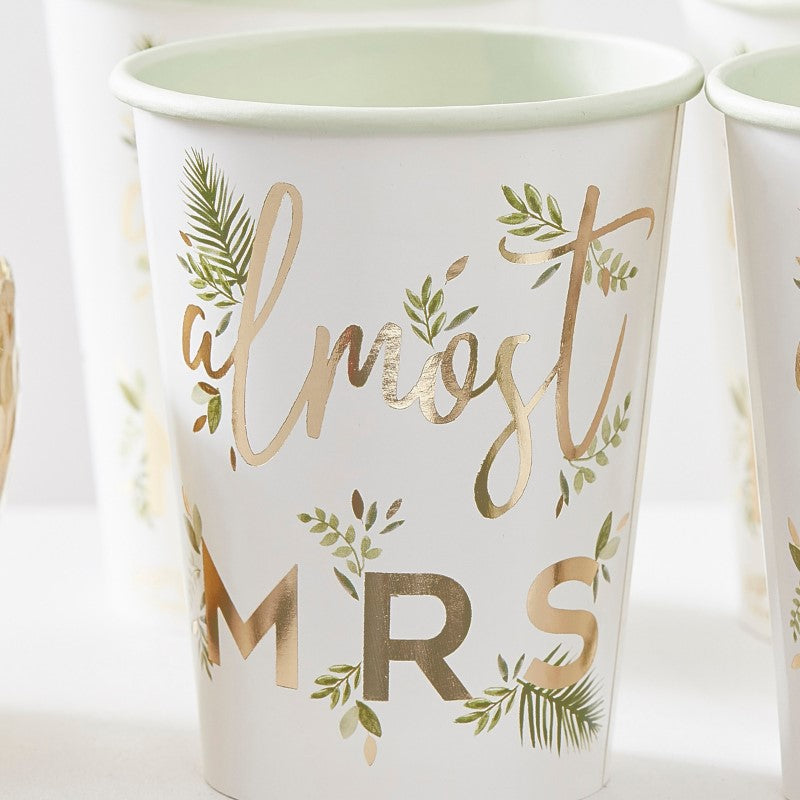 Gold foiled 'Almost Mrs' paper cups for hen parties, pack of 8, elegant design, perfect for cocktails and toast.