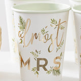 Gold foiled 'Almost Mrs' paper cups for hen parties, pack of 8, elegant design, perfect for cocktails and toast.