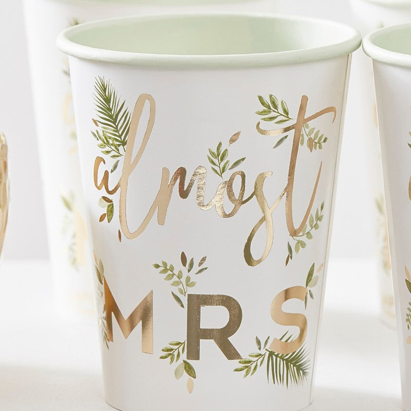Botanical Hen Party Gold Foiled 'Almost Mrs' Paper Cups - Pack of 8 9.5cm (H) x 7.5cm (W)