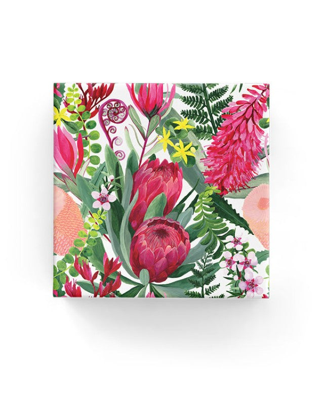 Colorful Protea Garden Wrap showcasing floral design, 600mm x 40m, 80gsm, perfect for elegant gift wrapping.