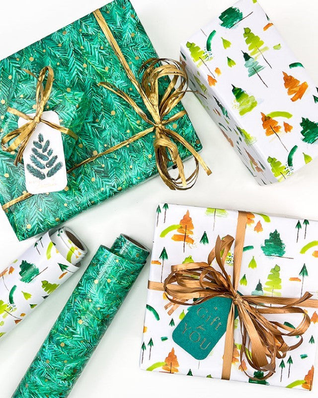 Xmas Abstract Trees Wrap with elegant tree designs, 600mm wide and 40m long, made from eco-friendly 100gsm matte paper.