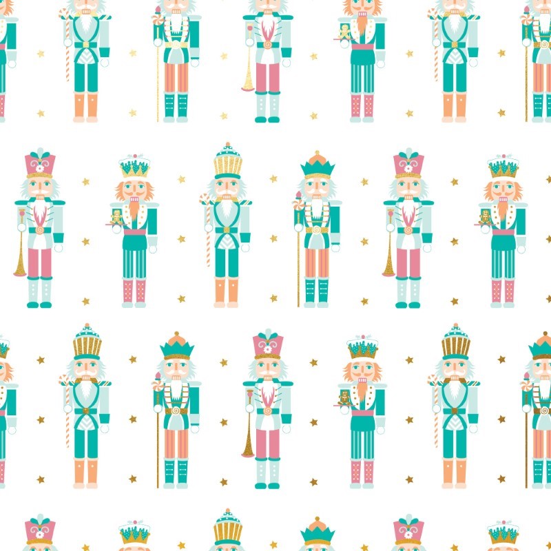 Luxurious wrapping paper with Nutcracker and stars design in jade, pink, peach, and gold, perfect for elegant gift presentation.