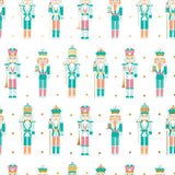Luxurious wrapping paper with Nutcracker and stars design in jade, pink, peach, and gold, perfect for elegant gift presentation.