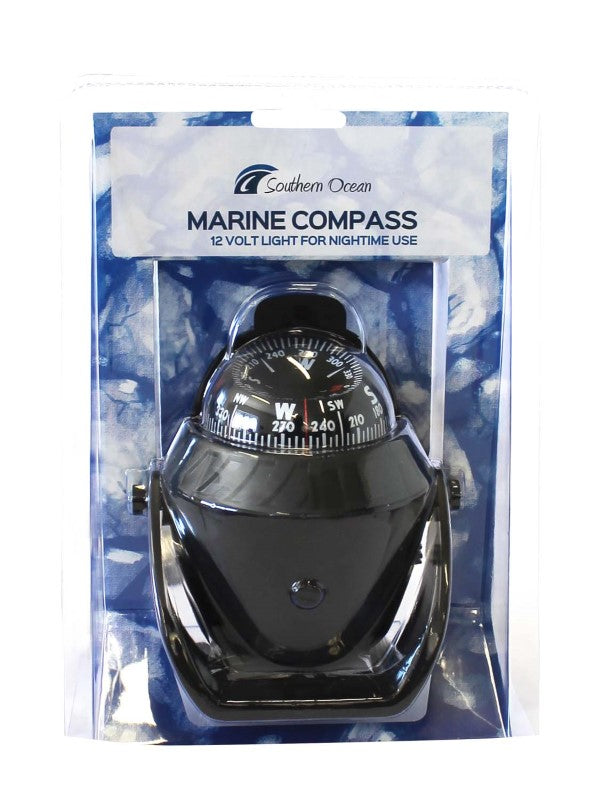 Southern Ocean Black Boat Compass with gimbal mount, 12V light, and adjustable bracket for precise marine navigation.