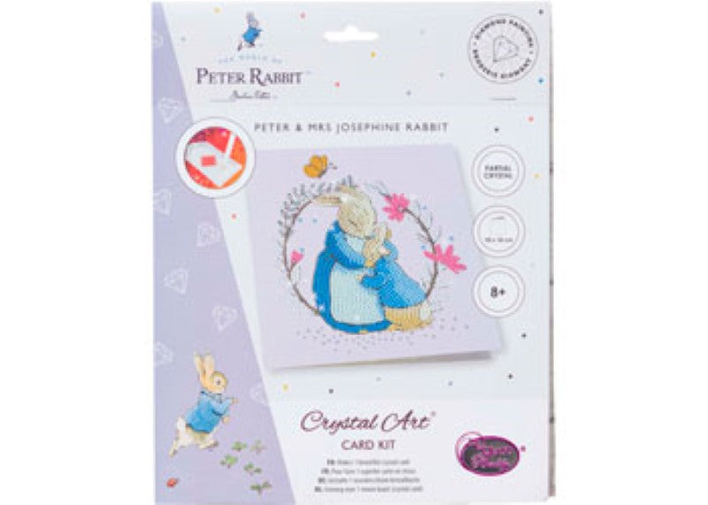 CrystalArt card featuring Peter Rabbit and Mum, includes crystals, template, and tools for DIY rhinestone art.