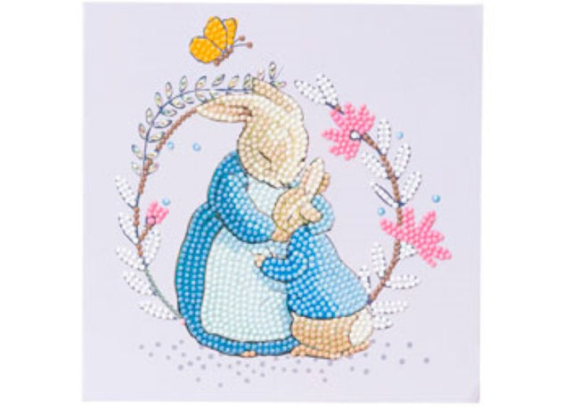 Sparkly CrystalArt card kit featuring Peter Rabbit and Mum, perfect for creative rhinestone art for ages 8 and up.