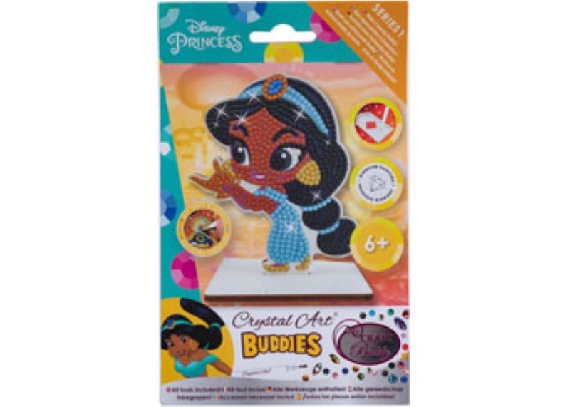 Collectible wooden Crystal Art Buddy of Disney's Jasmine, includes crystals and crafting tools for sparkling DIY art projects.