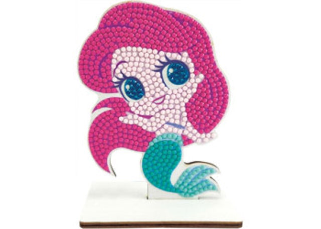 Colorful wooden Little Mermaid figurine craft kit for Diamond Painting, includes crystals, tools, and display stand.