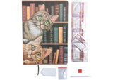 Cat-themed notebook featuring whimsical library art, 50 lined pages, includes crystal art tools for creative expression.