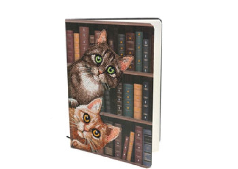 Colorful CrystalArt notebook featuring whimsical cats in a library, perfect for art and note-taking enthusiasts.