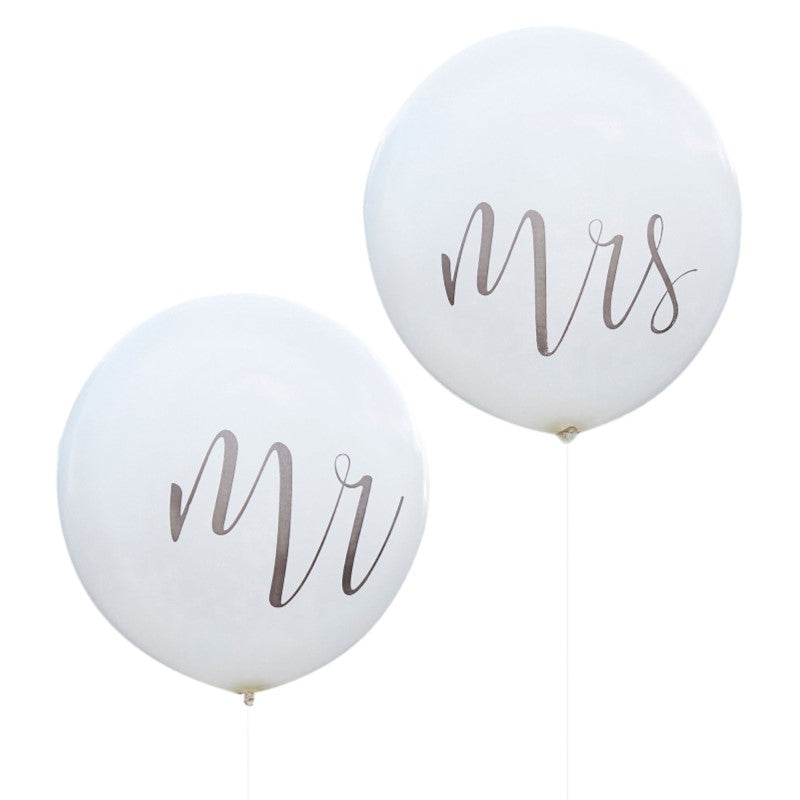 36" rustic Mr and Mrs balloons in a pack of 2, perfect for adding charm to wedding decor and memorable photo backdrops.