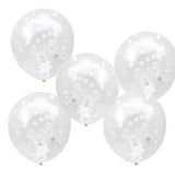 Rustic white 12" latex balloons with confetti, perfect for weddings and celebrations; pack of 5 for stunning decor.