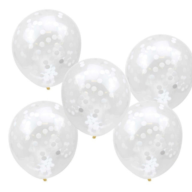 Rustic white 12" latex balloons with confetti, perfect for weddings and celebrations; pack of 5 for stunning decor.